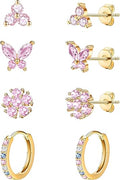 20G Gold Studs Earrings for Women,14K Gold Plated Hypoallergenic Butterfly Earrings for Girls,4 Pairs Flower/Butterfly/Cubic Zirconia Cute Earring and Trendy Huggie Hoop Dainty Multipack Earring Sets
