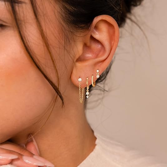 Gold Plated Earrings for Women, 14k Gold Plated Earring Stack Hypoallergenic Pearl Drop Earring Dainty Earrings for Women Trendy Cute Small Huggie Hoop Earring Fashion Womens Jewelry