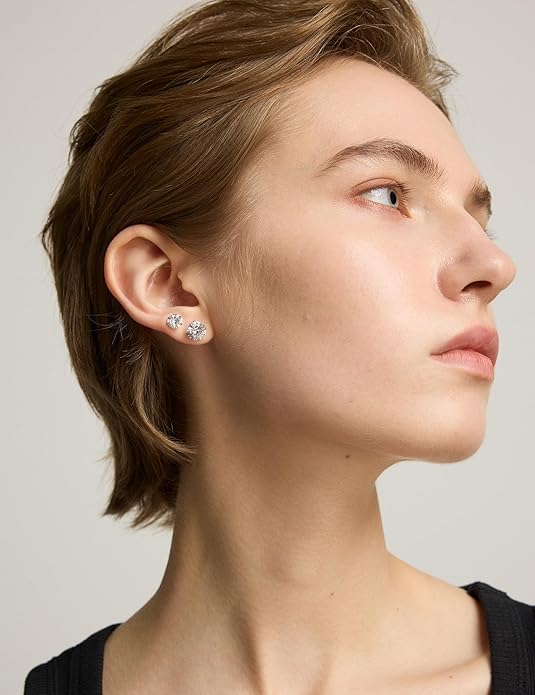 6 Pairs Stud Earrings Set, Hypoallergenic Cubic Zirconia 316L Earrings Stainless Steel CZ Earrings 3-8mm (Steel color)